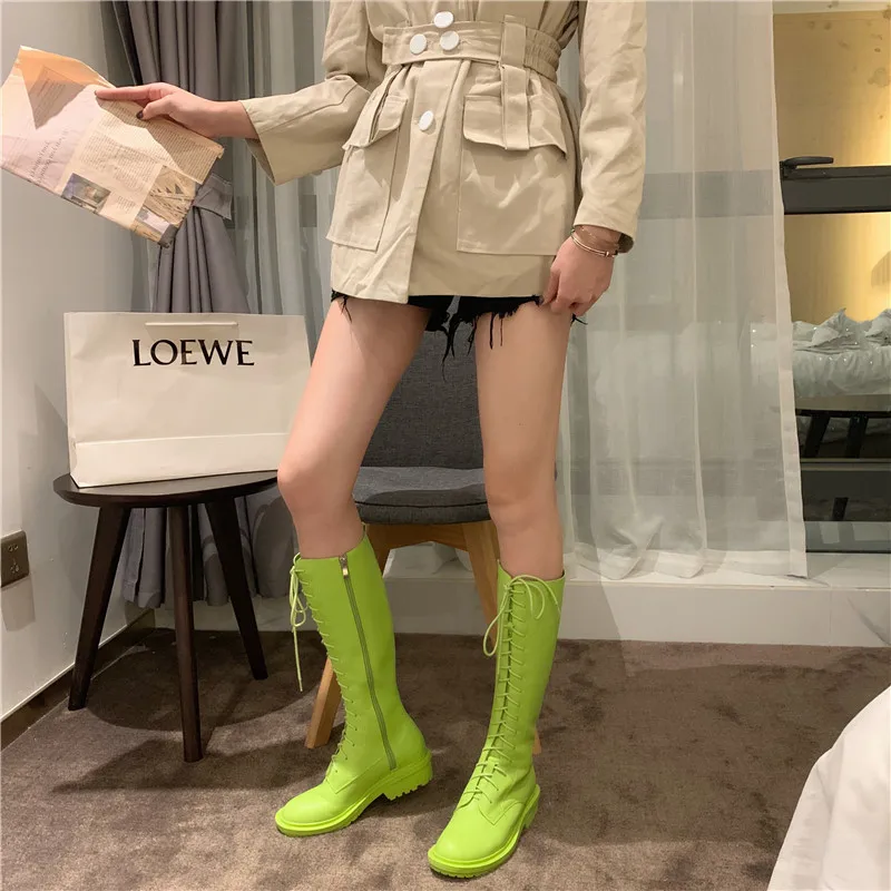 Неоново-зеленые женские сапоги из искусственной кожи до колена на шнуровке с