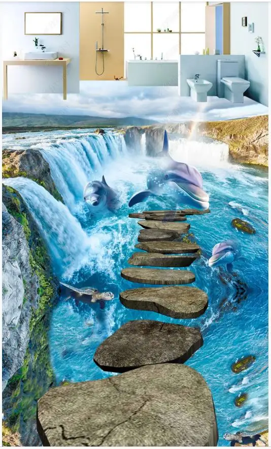 

Custom Picture Self-adhesive 3d Flooring wallpapers Wall Sticker Waterfall dolphin underwater world 3D floor painting wall paper