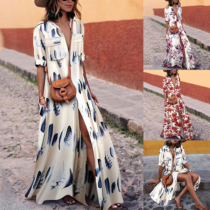 Осеннее сексуальное платье с v-образным вырезом Boho Макси женское элегантное