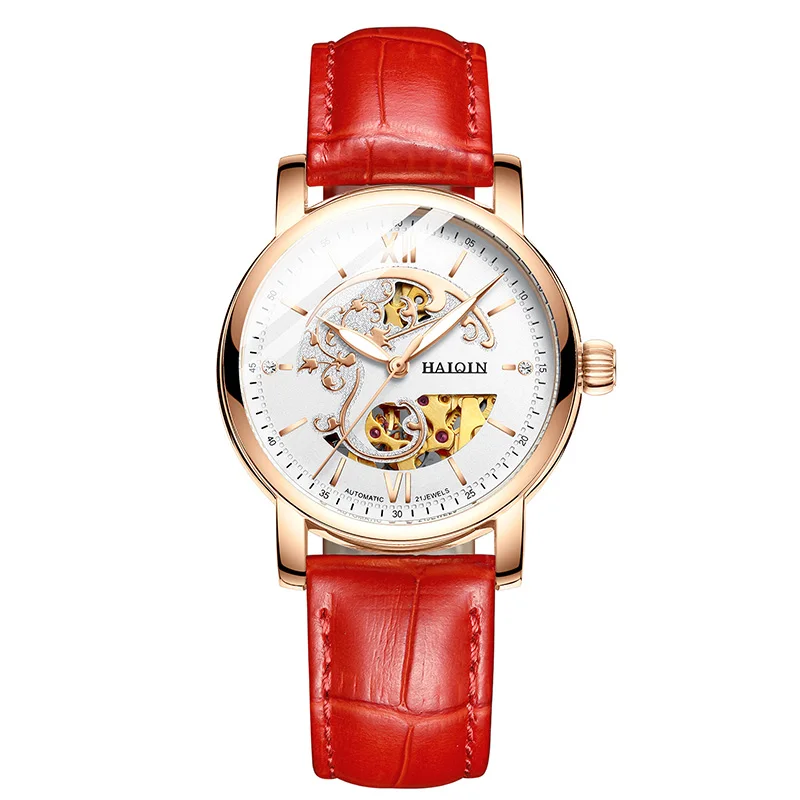 Red Gold White HAIQIN автоматические женские часы лучший бренд класса люкс Женские Механические женские наручные часы кожаные водонепроницаемые часы Relogio Feminino - Цвет: Red Gold White