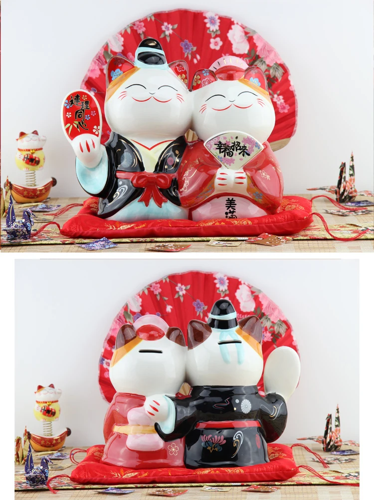 9 дюймов Свадебные Maneki Neko орнамент керамическая пара Lucky Cat подарок для украшения дома фэн шуй Копилка статуя