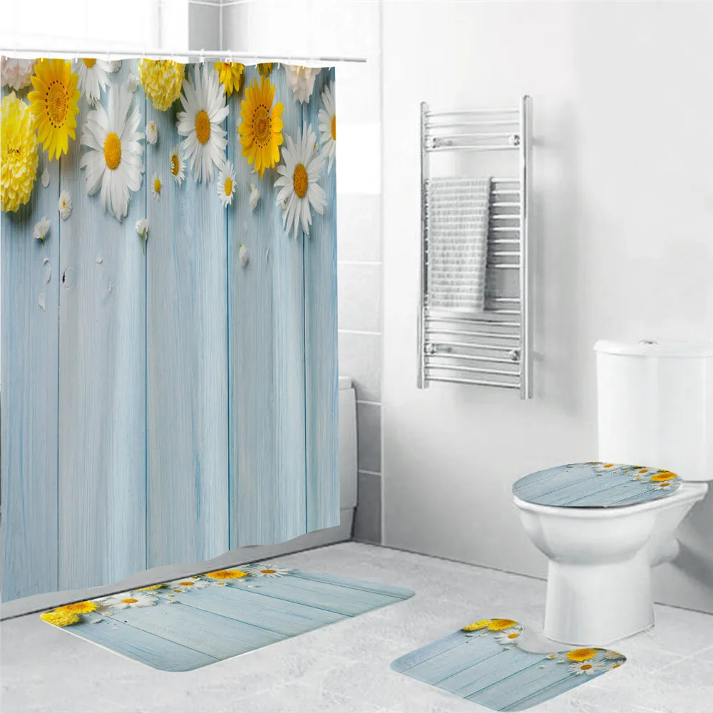 

Штора для душа с рисунком подсолнухов, нескользящая подставка для ванной комнаты, набор ковриков для туалета