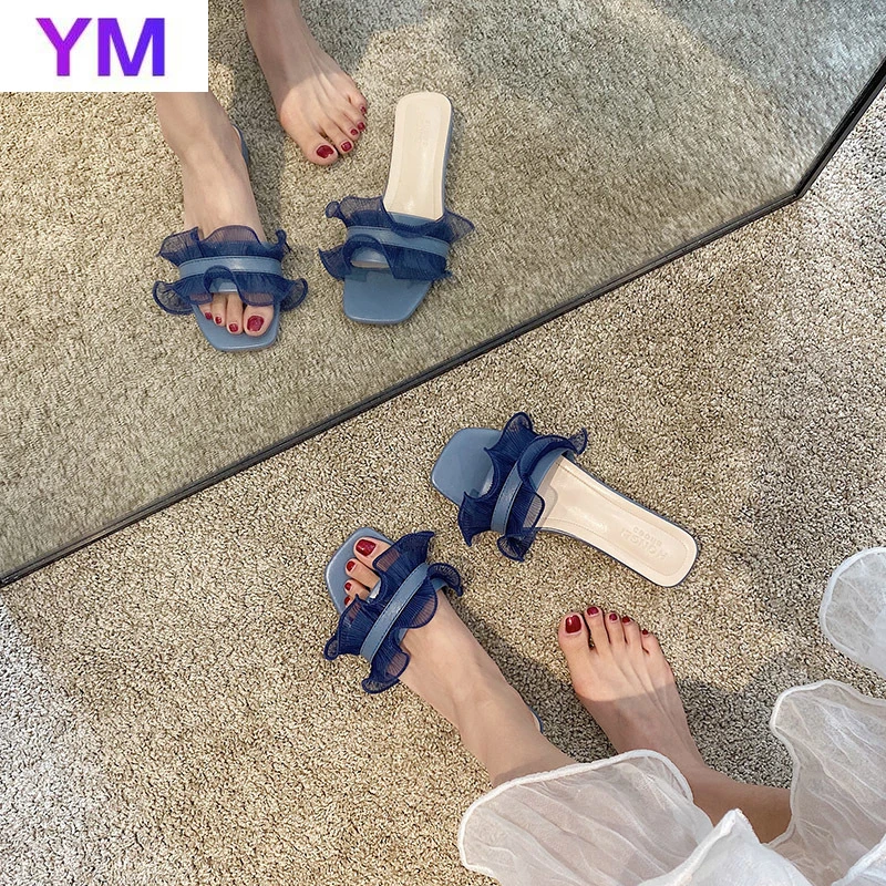 

Summer Women Sandals Ladies Lace Ruffles Square Toe Flops Female Slides Leisure Beach Zapatillas Casa Mujer Sapatos Femininos