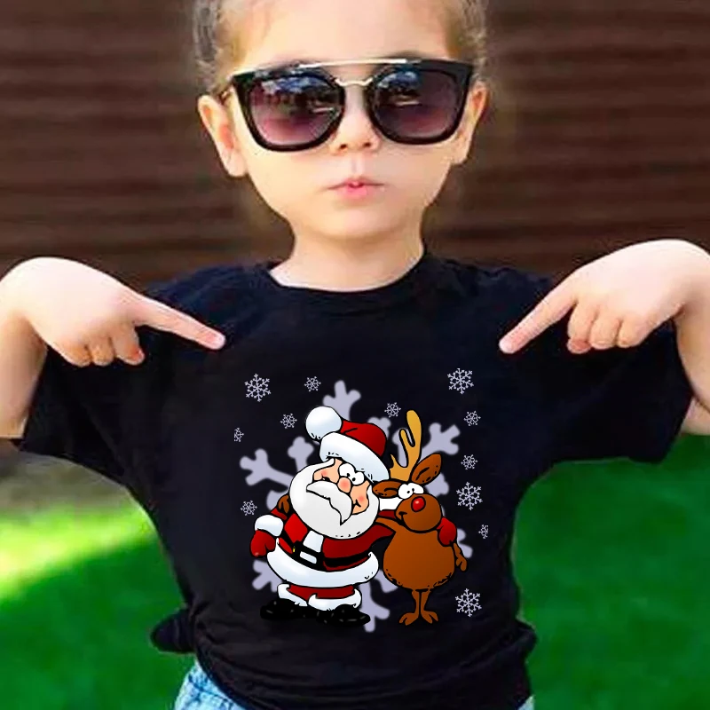 

Funny Cute Santa Reindeer Pattern Children T Shirt Kids Merry Christmas Cartoon Clothes Baby Boys Girls Black Casual Tops