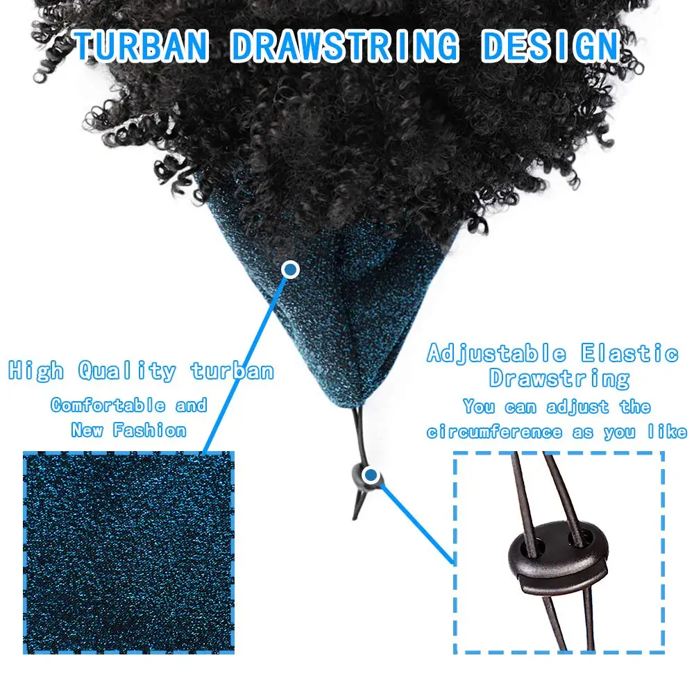 MONIXI Synthetic Short Headband Wigs Black Afro Kinky Curly Wig with Bangs Blue Turban Head Wrap Wigs for Women