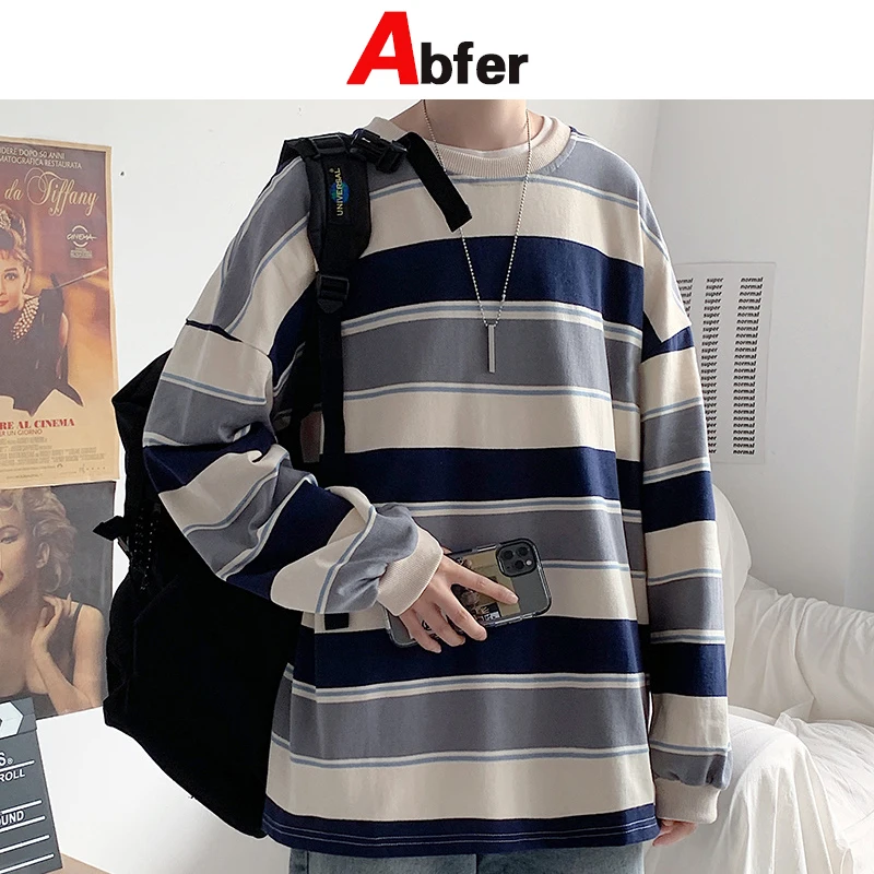 

Abfer 2021 New Spring Fashion Hoodie Men Stripe Crewneck Sweatshirt Women Vintage Hoodie Men Pullover Japanese Streetwear