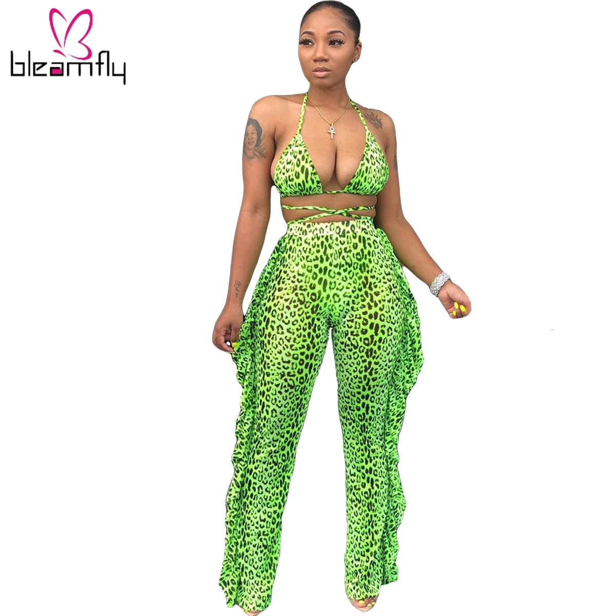 Женский леопардовый топ с v образным вырезом и открытой спиной + штаны оборками