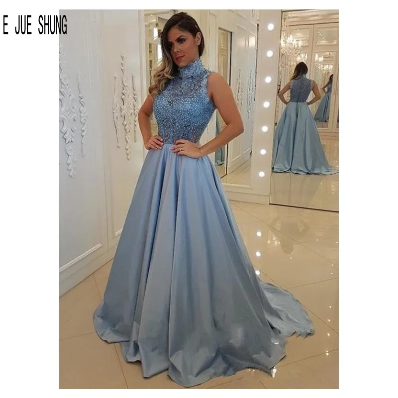 

E JUE SHUNG Modest Blue Evening Dresses High Neck Zipper Back Lace Party Prom Gowns Satin Formal Dresses vestidos de fiesta