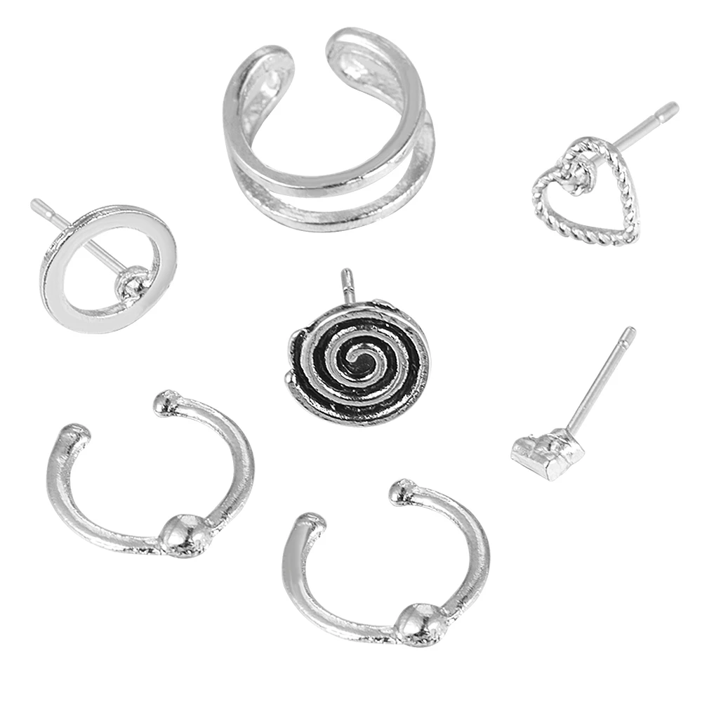7PCS/Set Vintage Stud Earrings Ear clip Set Women Lovely Charms Collection Heart-shaped Circles Jewelry