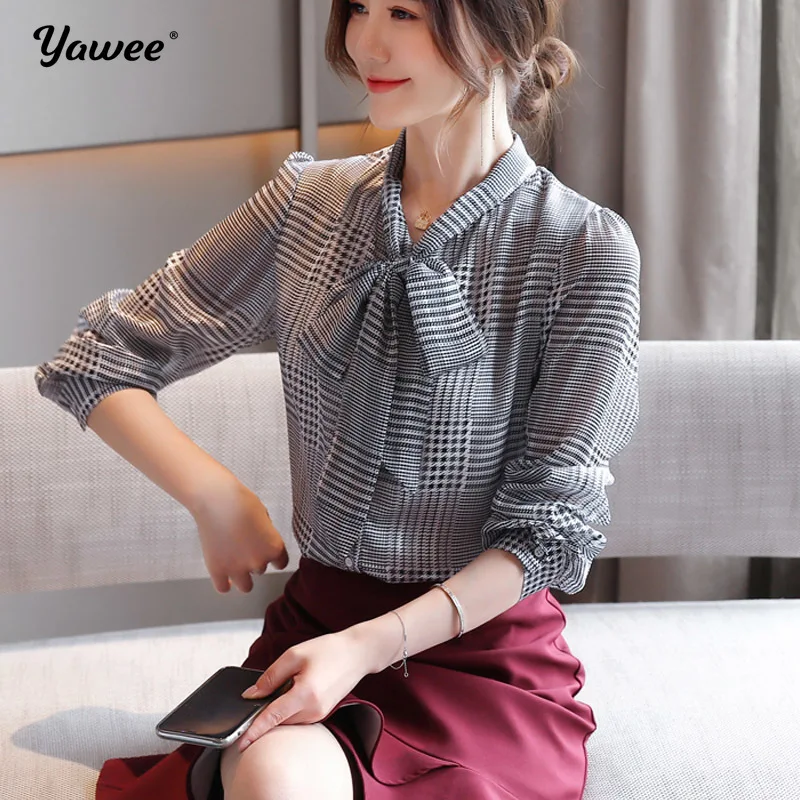 

Autumn blouse women 2020 ladies tops bow printing chiffon blouse button Plaid long sleeve shirts blusas femininas clothes