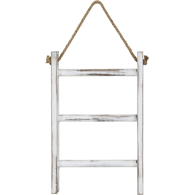 

Big deal Wall-Hanging Towel Ladder Rustic Whitewashed Wood Countertop Ladder Farmhouse Decor Towels Rack with Adjustable Rope