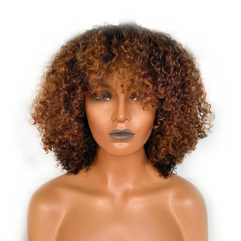 

1B/30 Honey Blonde Short Summer 360 Lace Frontal Wigs With Bangs Curly Bob Brazilian Remy Hair Wigs Preplucked For Black Women