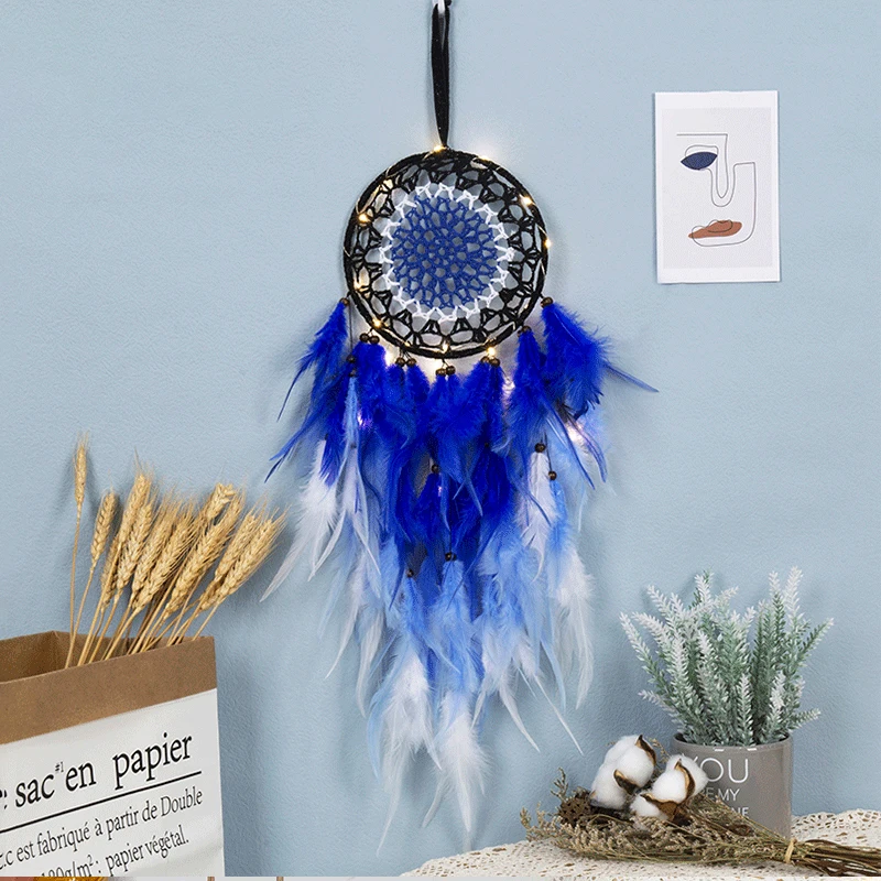 

Nordic Dream Catcher Home Wall Hanging Room Decor Feathers Pendant Decoration with Light Ornaments for Bedroom Livingroom