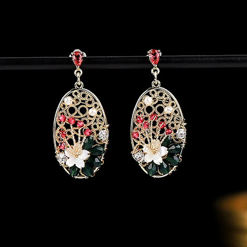 

Винтажные длинные массивные полые круглые серьги-подвески золотого цвета с бусинами из натурального камня, цветами, жемчугом, Висячие серь...