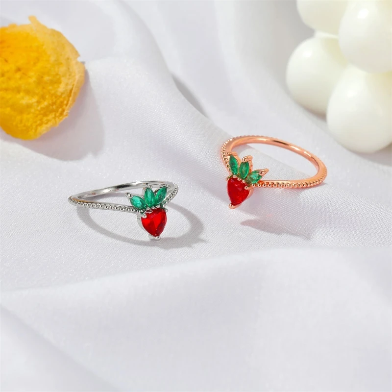 

4Pcs Sweet Fruits Cubic Zircon Pave Rings Apple Strawberry Grape Cherry Rings Band Kit for Women Girl's Creative Jewelry
