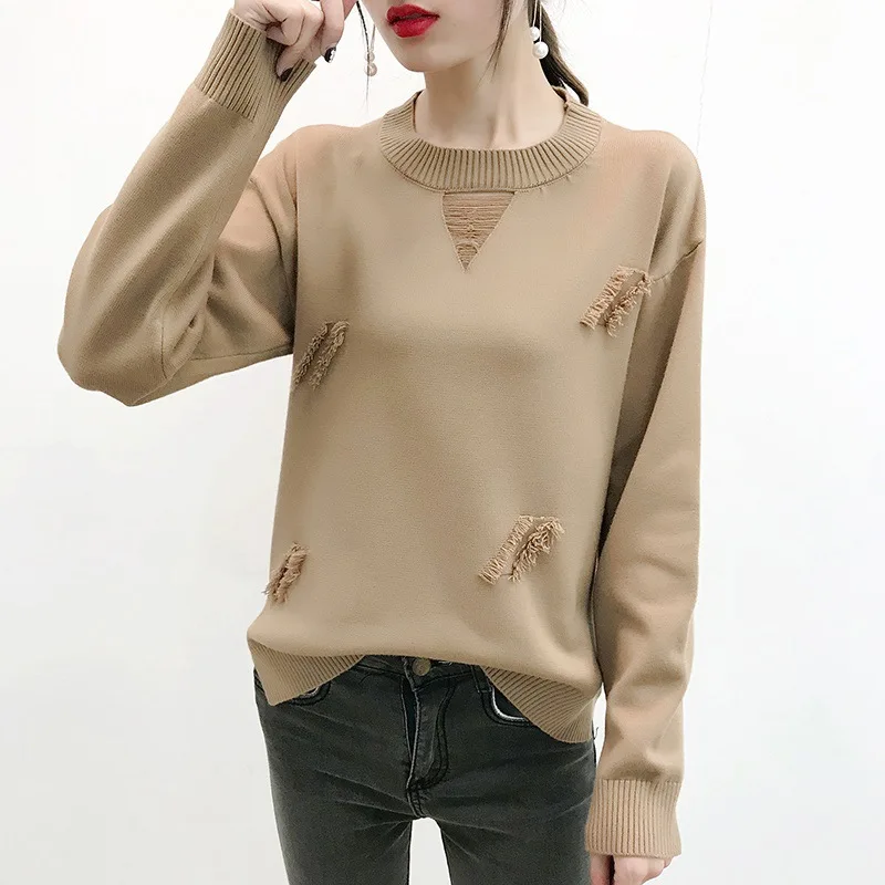 Модные свободные вязаные свитера с круглым вырезом и кисточками для женщин 2018