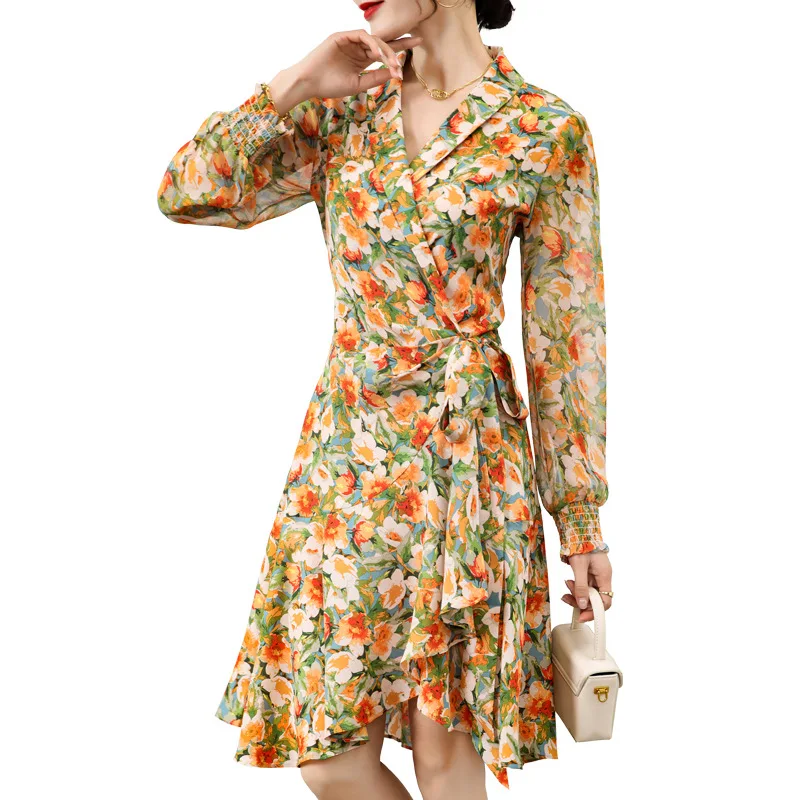 

Gezelligheid Silk Dresses For Women 2021 Summer Floral Plus Size V-Neck Long Sleeved Yellow Print Ruffled Empire Natural Silk