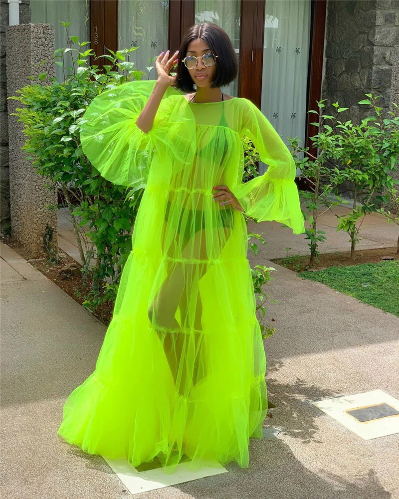 Повседневное ФЛУОРЕСЦЕНТНОЕ зеленое прозрачное Сетчатое платье макси Adogirl с
