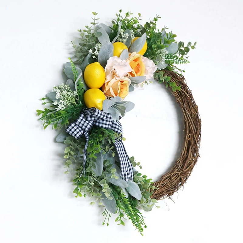 

Artificial Lemon Rose Flower Wreath Spring Summer Wreath for Front Door Window Wall Wedding Party Office Home Decoration