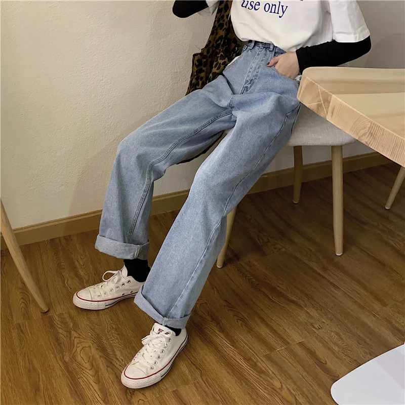 

2021 High Waist Straight Jeans Woman Korean Style Loose Streetwear Boyfriend Denim Trousers Casual Baggy Pants Plus Size
