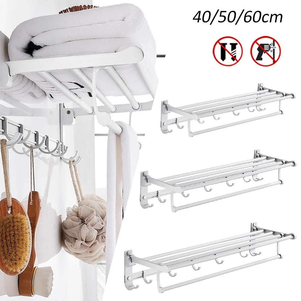 

Towel Rack Bathroom Holder Aluminum Organizer Hanger Holder Wall Mounted Folding Locker Room Storage Shelf Hook Accessories