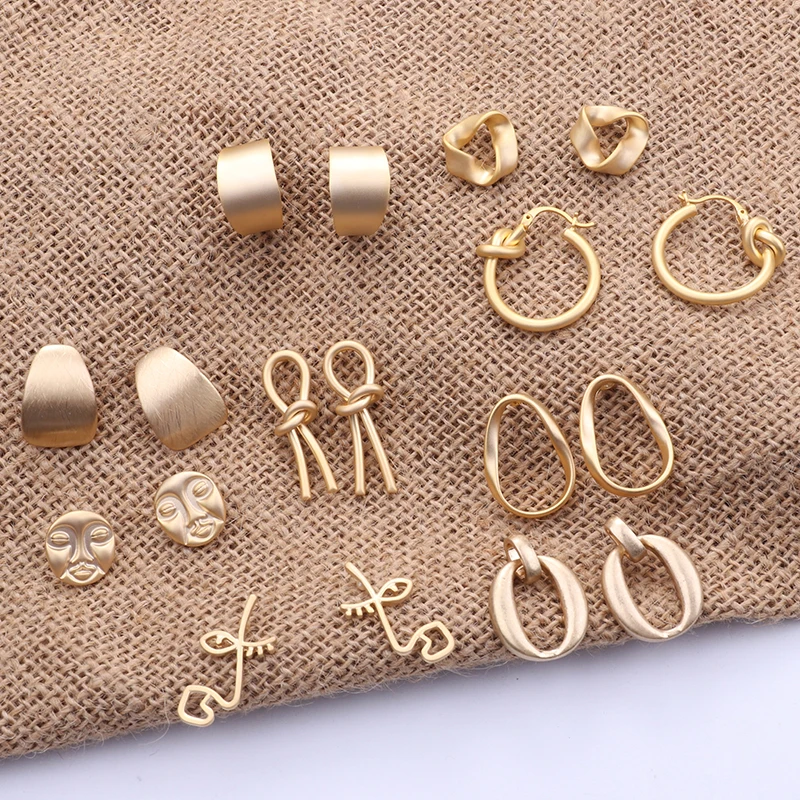 Fashion Korean Metal Gold Color Stud Earring Simple Geometric Camber Circle Knot Face Matte Irregular Ellipse Women Girl Jewelry