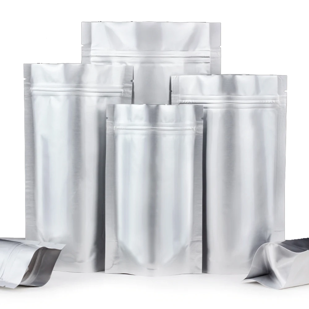 Bolsa de aluminio de Mylar puro con cierre de cremallera, bolsa de pie con autosellado, reutilizable, resellable, Doypack de almacenamiento de alimentos, 100 Uds.-1