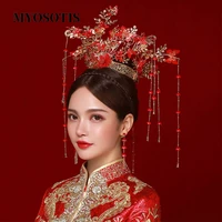 romantic classical chinese brides hair accessories red fly butterfly flower tassel wedding headpieces jewelry