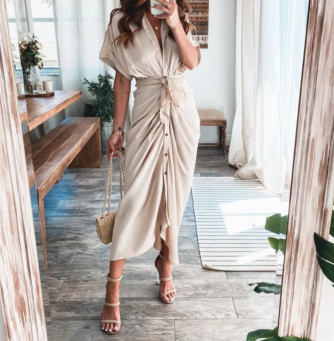 

2022 New Plus Size Faux Silk 3XL Long Women Dress Elegant Summer Empire Satin Dresses