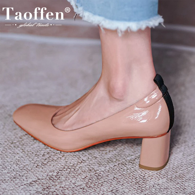 

Taoffen Women High Heel Shoes Real Patent Leather Mix Color Women Pumps Fashion Square Toe Shoes Women Party Footwear Size 33-40