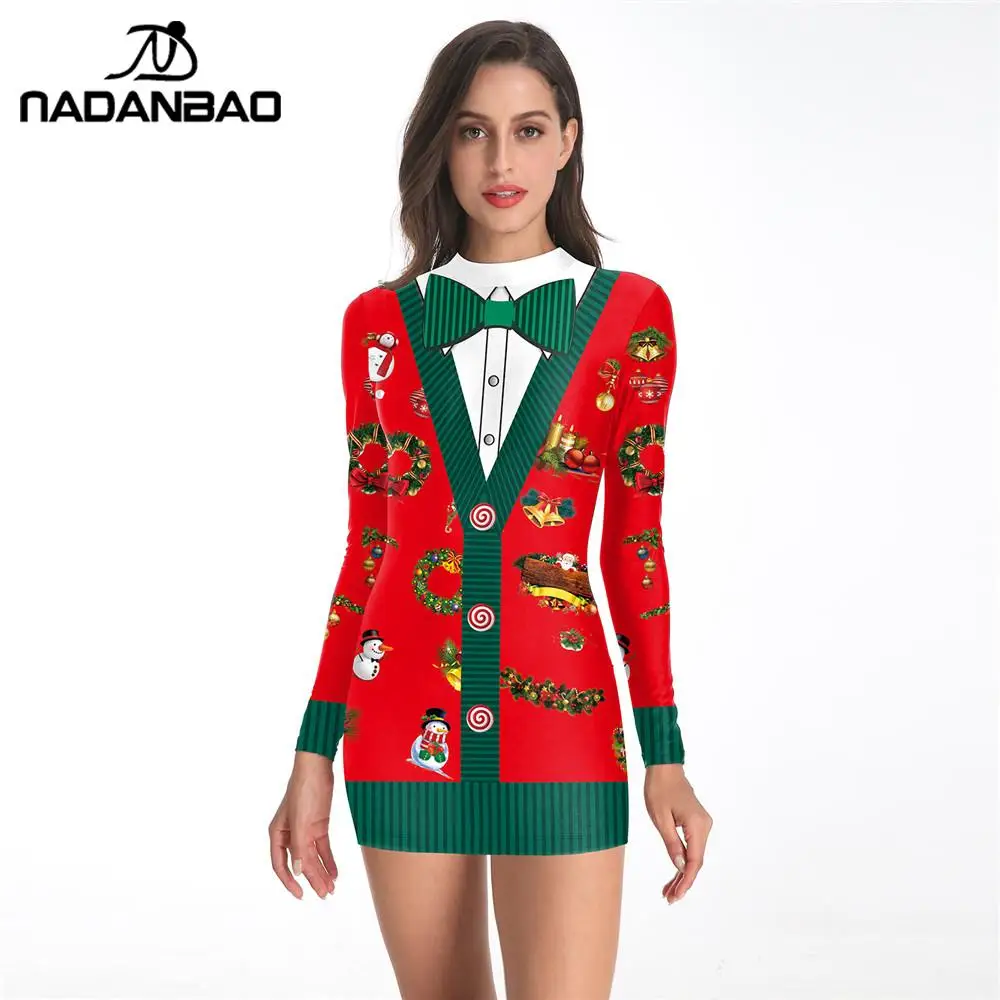 Новый дизайн рождественское платье NADANBAO женское короткое с длинным рукавом