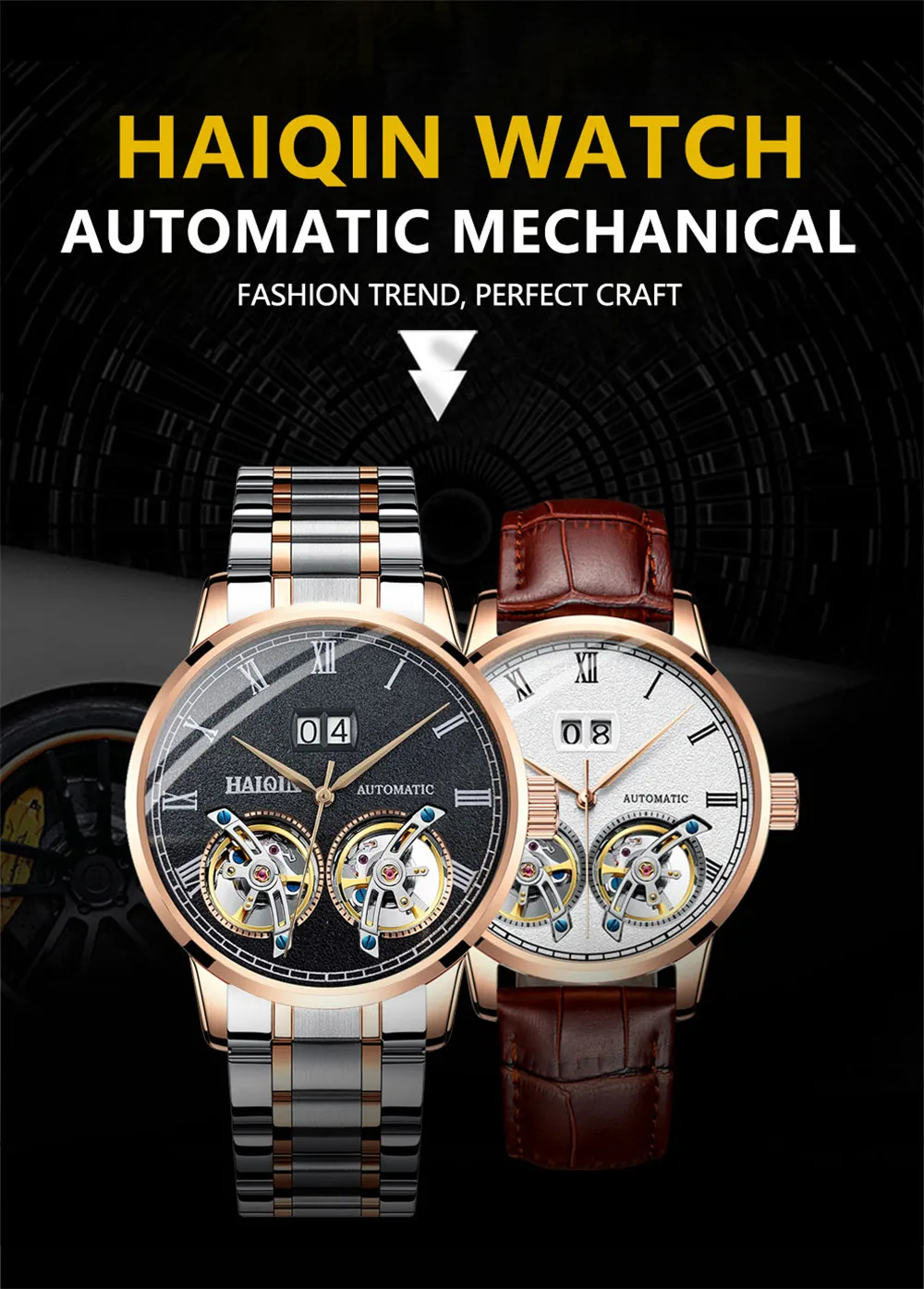 HAIQIN Men Mechanical Automatic Double Tourbillon Calendar Stainless Steel Wrist Watches Top Brand Luxury Military Male Clock