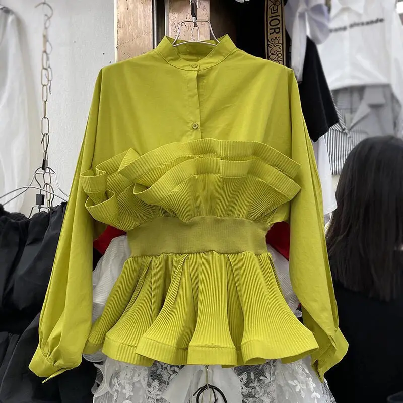 

Floral lotus leaf pendulum design waist shirt women's long-sleeved stitched shirt temperament niche top