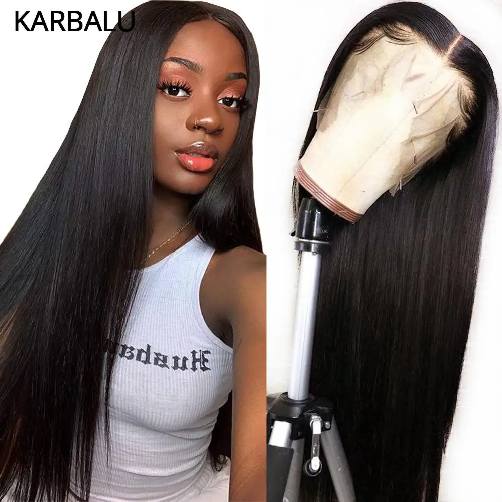 

Straight Human Hair Wigs Karbalu 13x4x1 Middle Part Lace Part Wigs for Women 150% Density Non-Remy Hair Wigs Natural Black Color