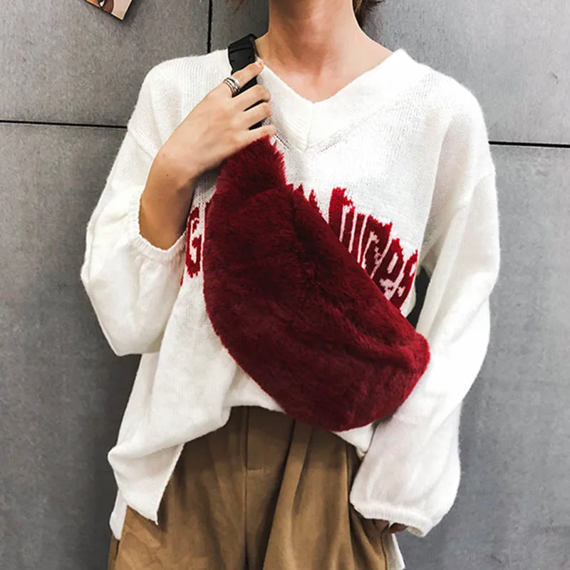 Red Waist pack Новая осенне-зимняя плюшевая поясная сумка для женщин и детей, поясная сумка, нагрудная сумка, женская сумка-банан, вместительная сумка для почек, сумки на плечо - Color: Red Waist pack