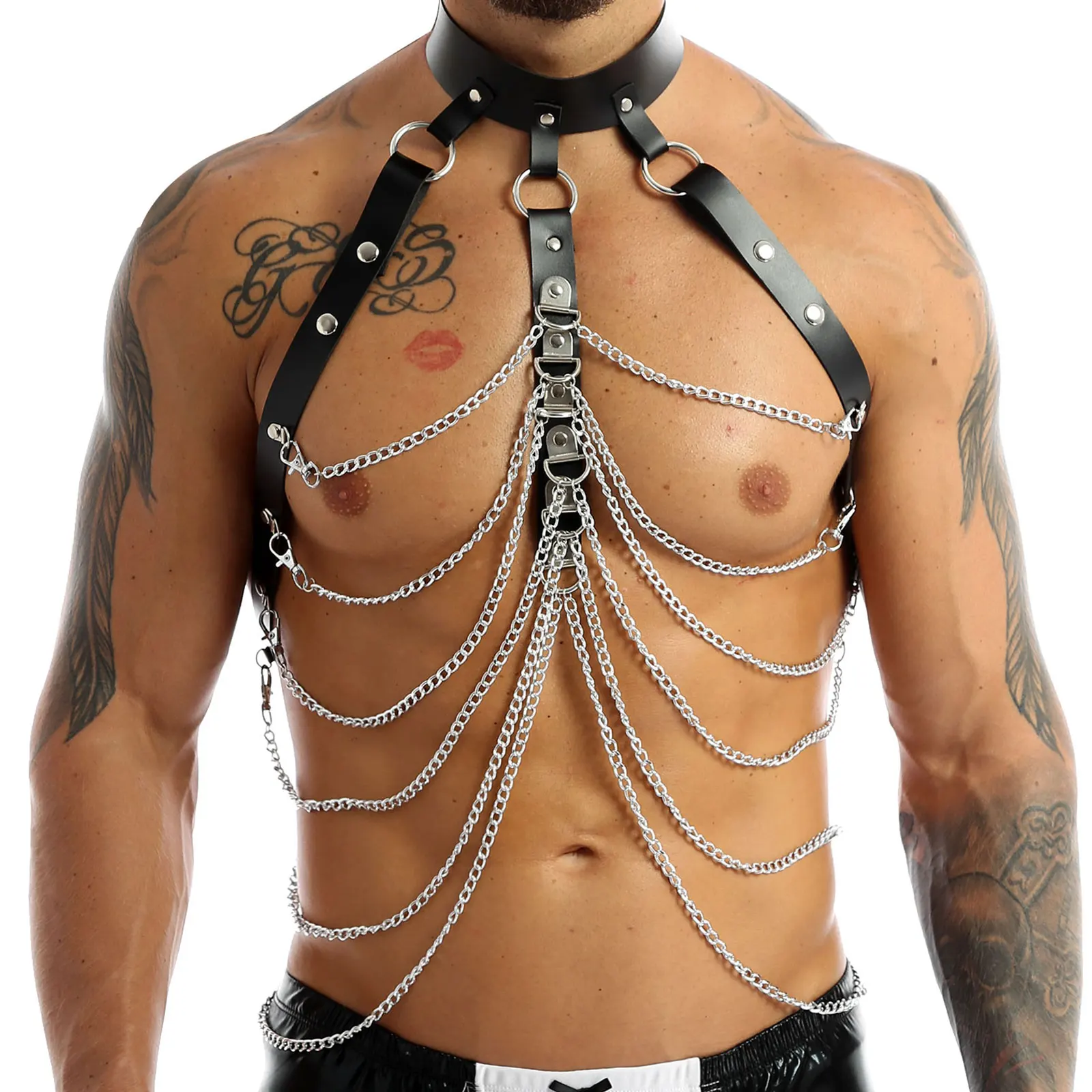Arnés Sexy de cuero sintético para hombre, cinturón ajustable Punk gótico de Metal con cadena de anillo redondo, para el cuerpo, hombro y pecho, ropa de discoteca