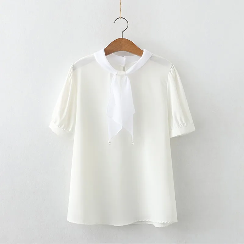 

Women Summer White Top Short Sleeve Blouses Bandage Bow Chiffon Tops Elegant Chic Women's Shirt
