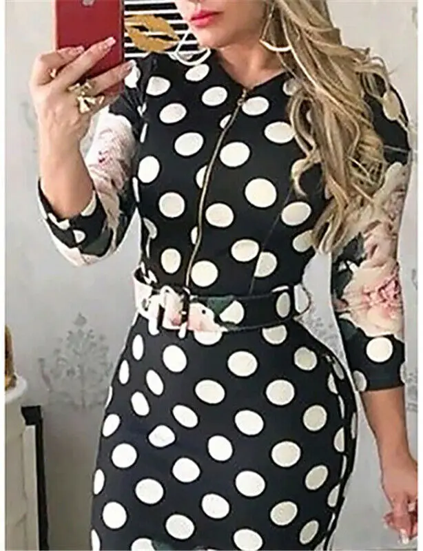 Женское облегающее платье-миди в горошек с длинным рукавом | Женская одежда