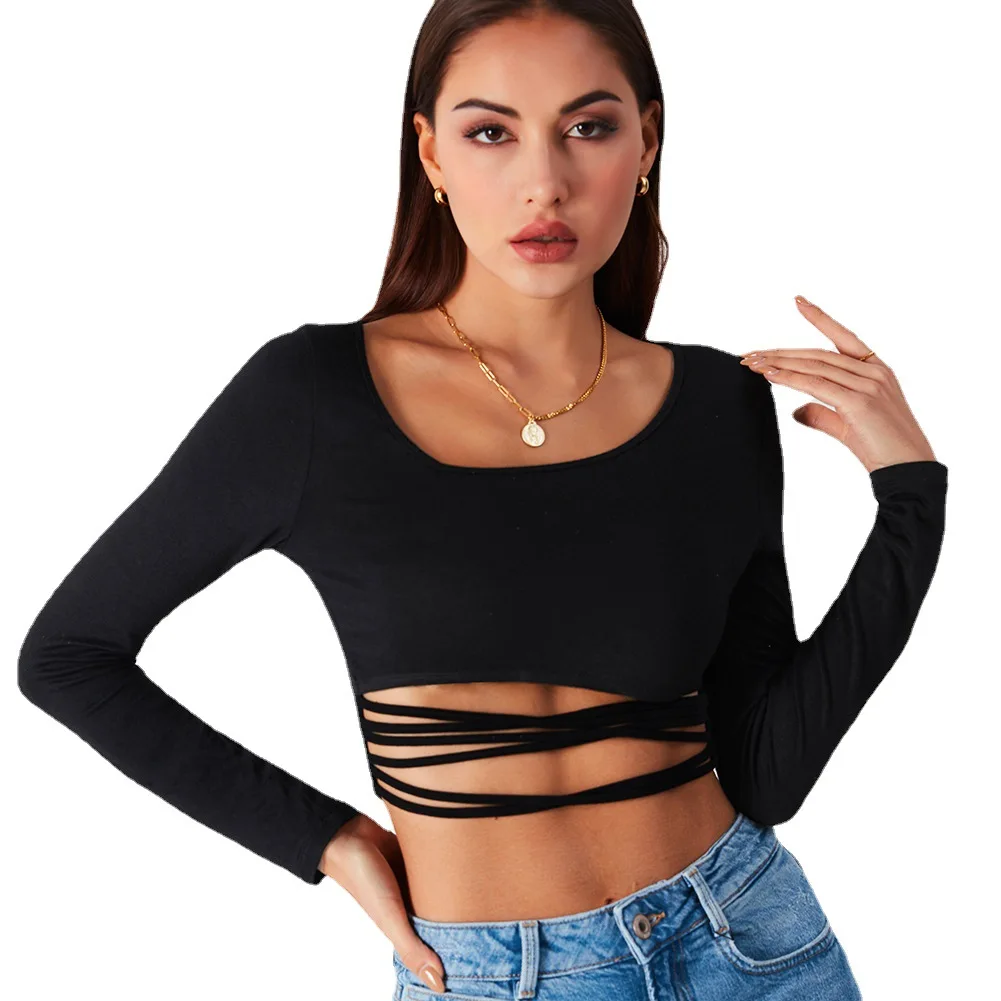 

Ladies Tops 2021 Fashion Clothing Women Solid T Shirts Casual Hollow Out Solid O-Neck Long Sleeve Modal Female Sexy Short Tops