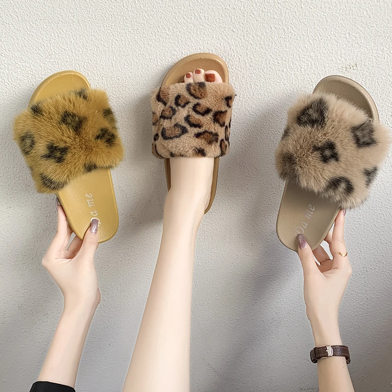 

Fur Slides Women Winter Slippers Woman Warm Flats Leopard Print Indoor Shoes Faux Plush Ladies Footwear