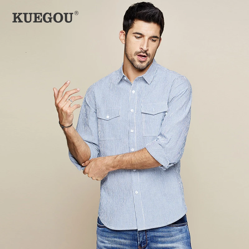KUEGOU 2019 Осенняя Хлопковая полосатая серая рубашка с карманами мужская