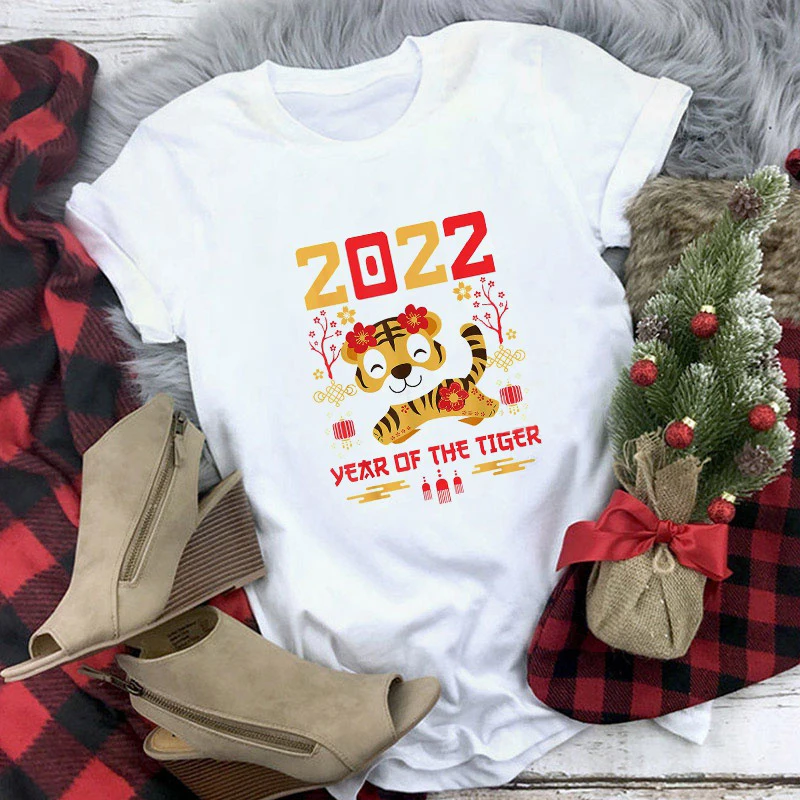 

2022 Year Tiger Happy New Year Short Sleeve T-shirts Kawaii Clothes Women Clothing Animal Women's T-shirt Gothic Aesthetic Tops