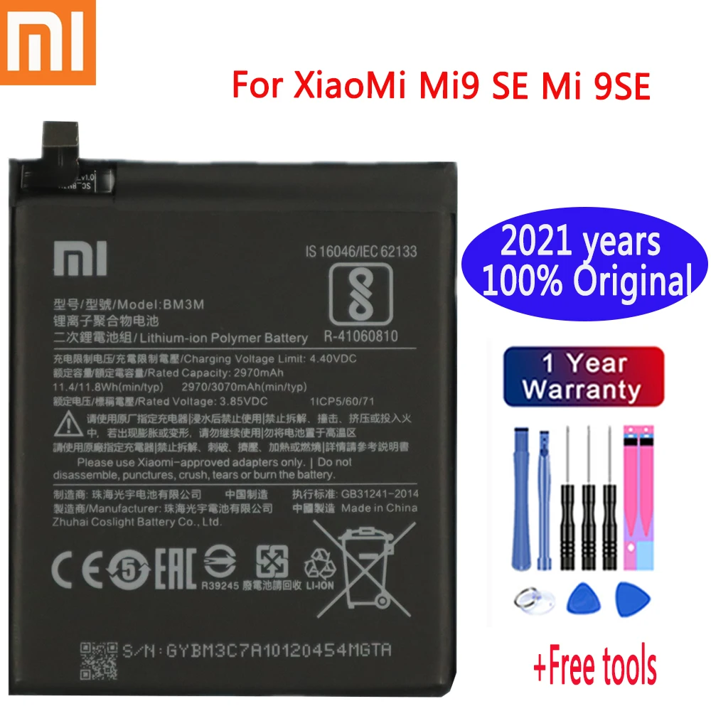 

Оригинальный аккумулятор xiaomi 2021 года для XiaoMi Mi9 SE Mi 9SE BM3M, оригинальный аккумулятор для телефона 3070 мАч + Подарочные инструменты + наклейки