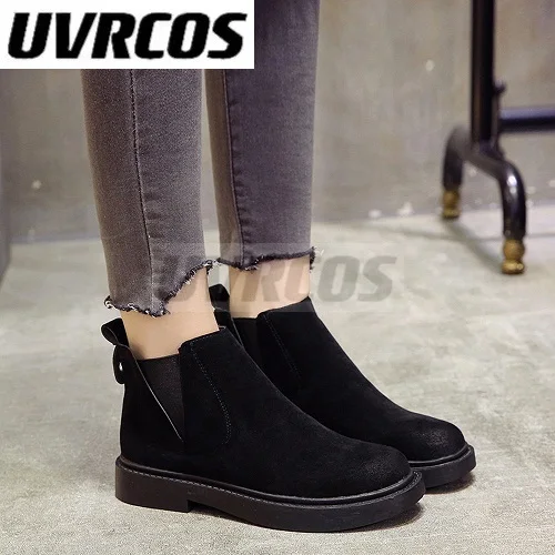

2022 Women Boots Slip On Black Ankle Boots For Women Flat Low Heel Winter Female Shoes Size 35-40