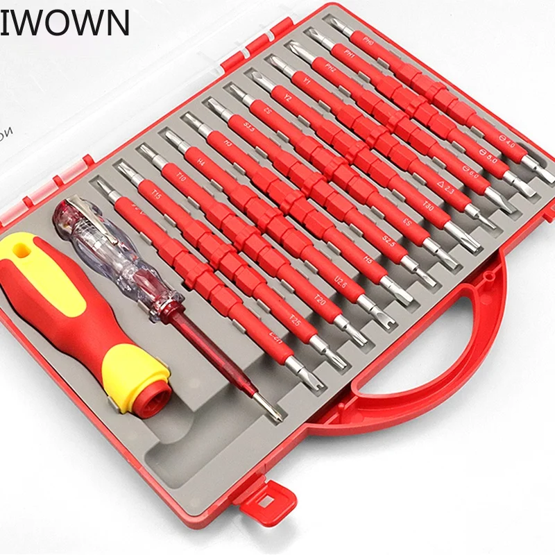 

IWOWN 26Pcs Insulated Screwdriver Set Precision Removable Magnetic Bits VDE Torx Hex Slotted Phillips Household Repair Hand Tool