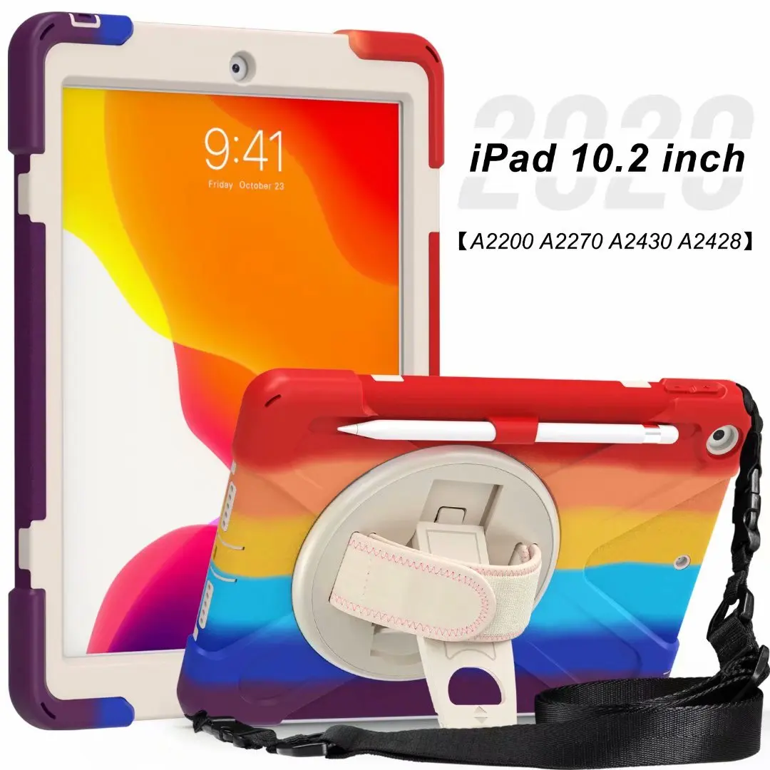 

Colorful Rotating Bracket & Hand strap Protective Cover For iPad 10.2 7 / 8th Gen Silicone + PC Hard Shell + Shoulder strap