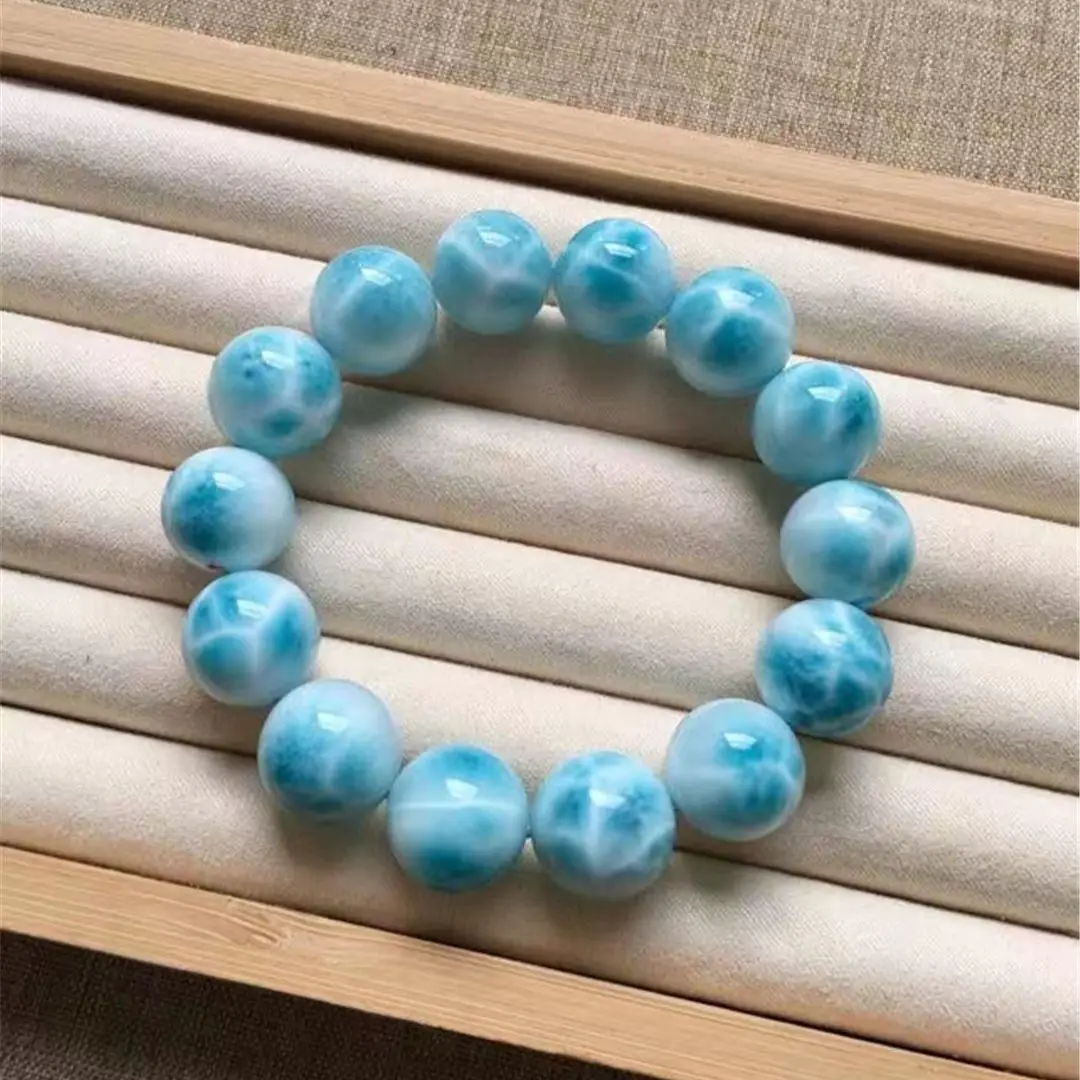 

15mm Natural Blue Larimar Bracelet Jewelry For Women Men Gift Round Beads Dominica Crystal Water Pattern Stone Strands AAAAA