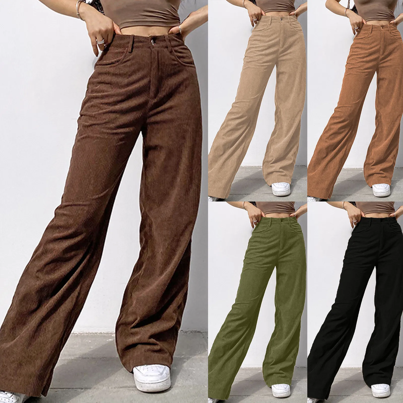 

Women’s Solid Mid Waisted Pants Straight Baggy Trousers Fashion Corduroy Wide-leg Pants Wear Trousers In Autumn And Winter