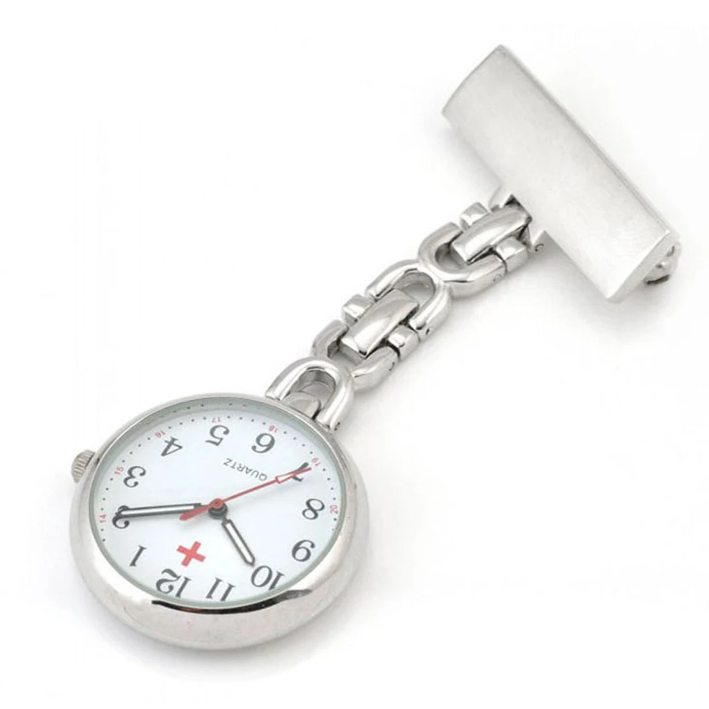 Silver Nurses Fob Pocket Watch with White Face Quartz Analog Watch