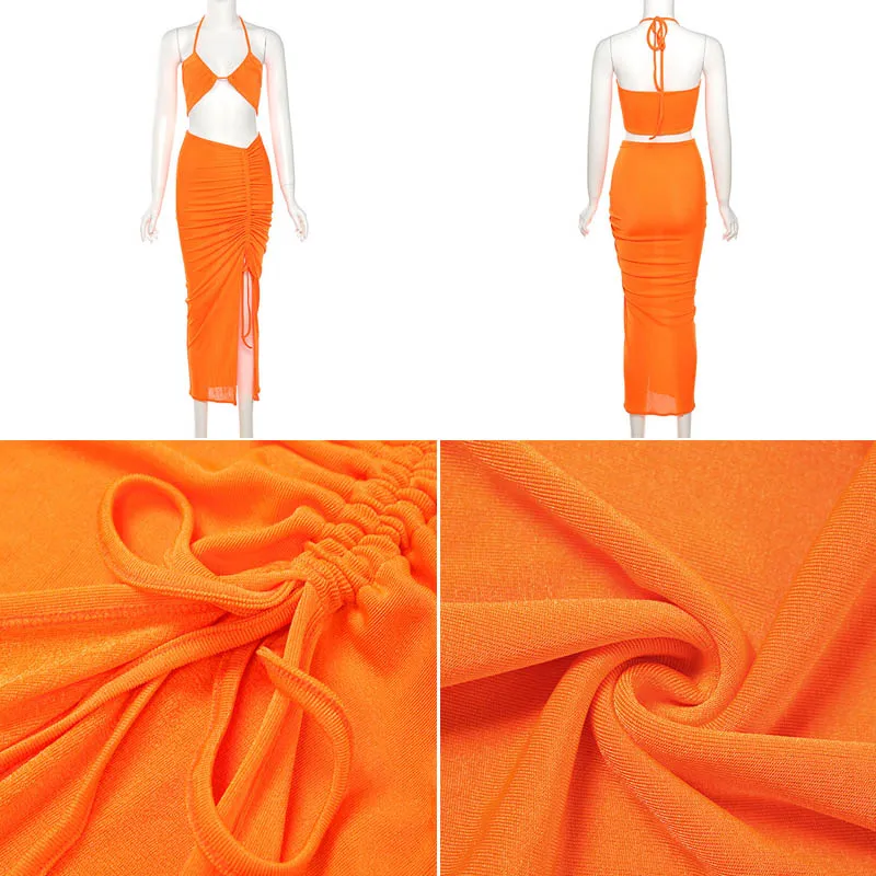 

Halter Neck Bralette Crop Top And Long Skirt Set Sexy Summer Suit 2 Piece Sets Womens Outfits Drawstring Ruched Long Party Dress